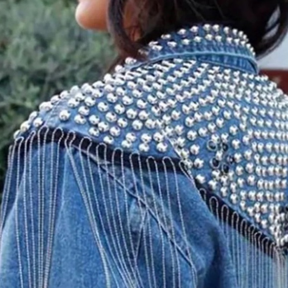 826. LAST 1! Denim Boho Rhinestone Studd  Country Fringe Jacket CLEARANCE - Picture 5 of 9